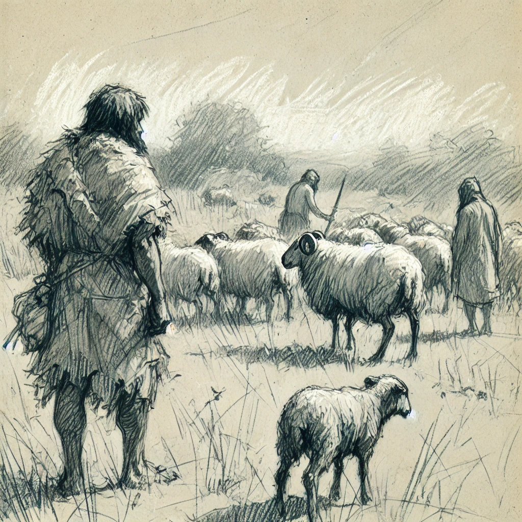 DALL·E generated image of cave people with some sheep
