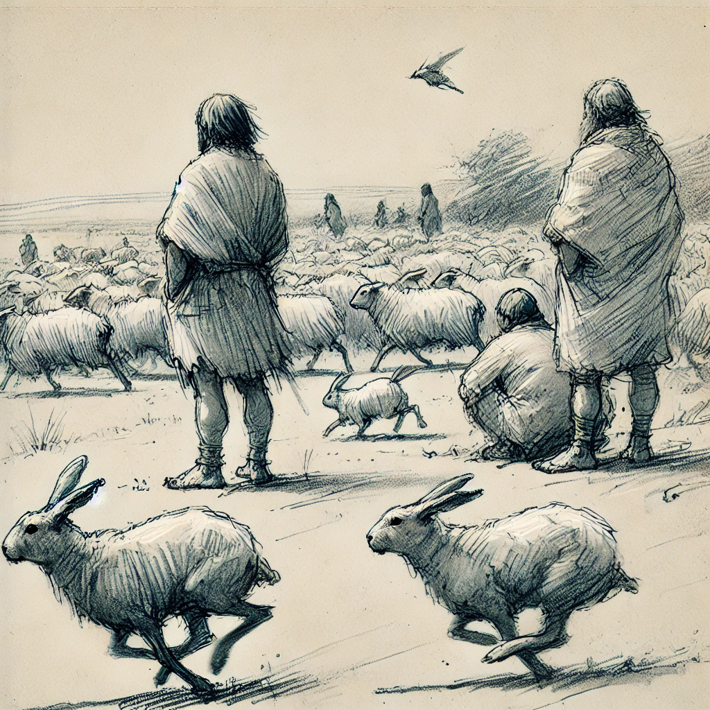 AI generated image of cave people with sheep and rabbits.